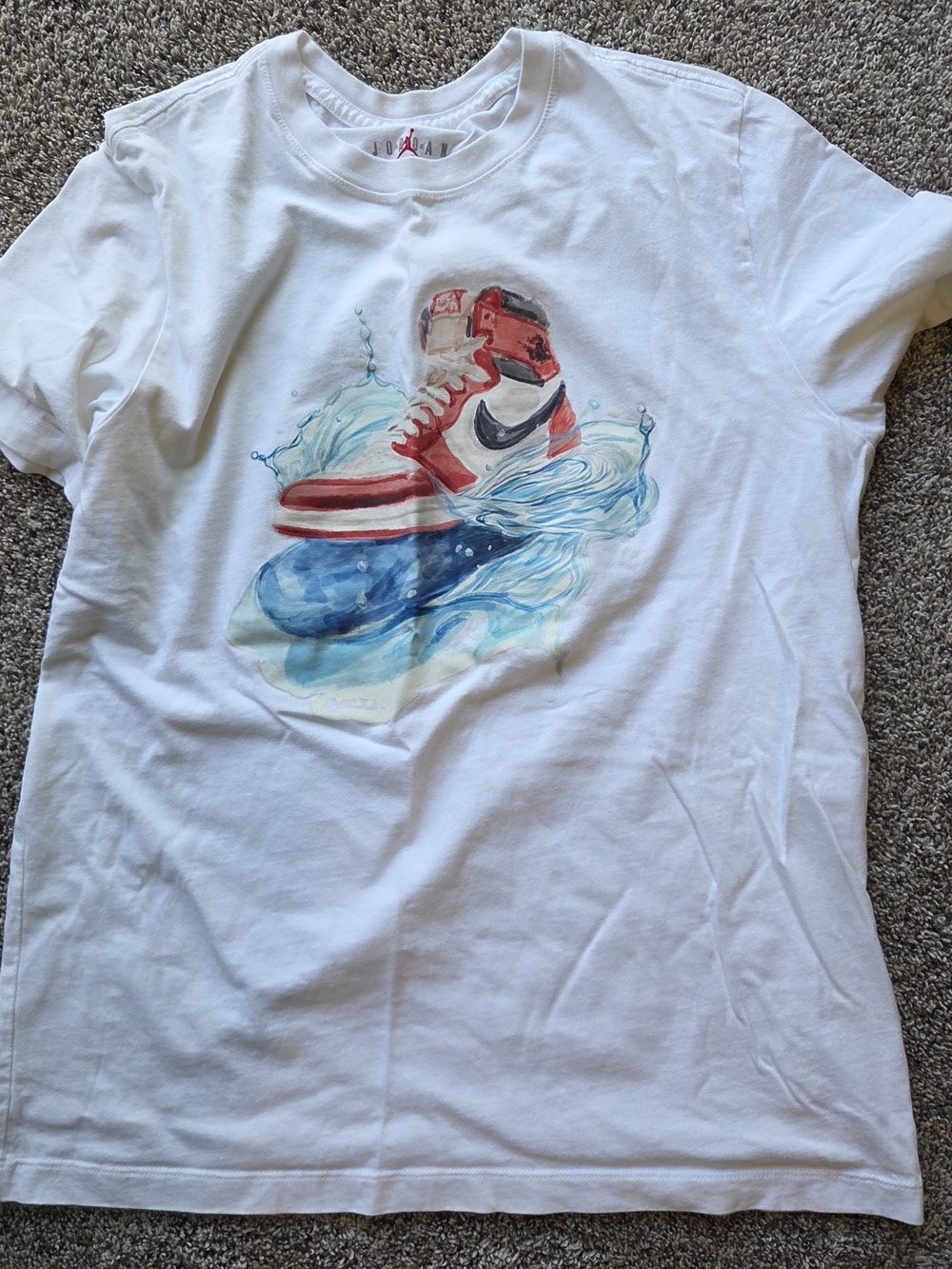 Jordan White Short-Sleeve Tee with Red, Blue and Black Sneaker Graphic